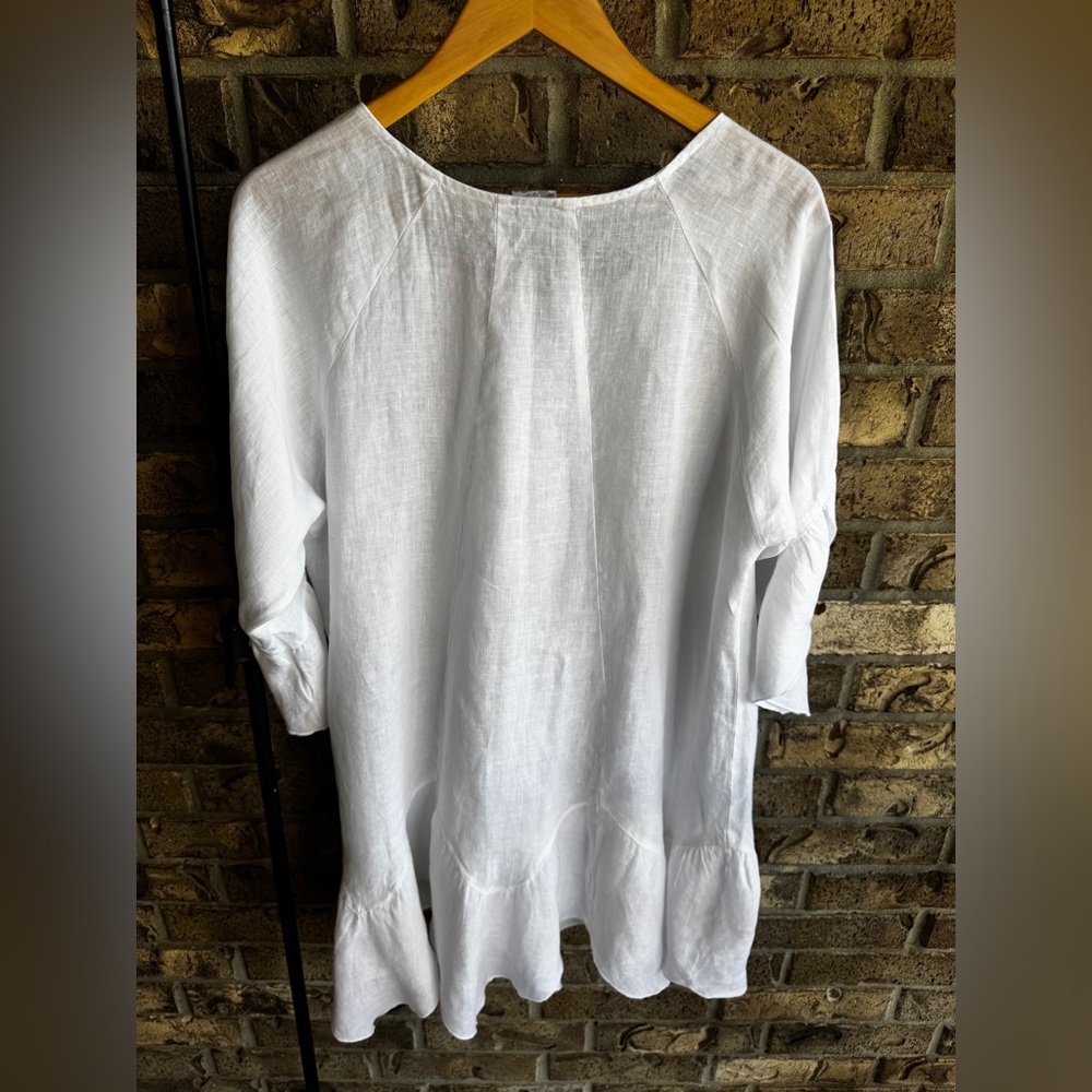 Match Point La Fixsun 100% Linen White Ruffle Hem Tunic Top L Lagenlook Made USA - Picture 7 of 11